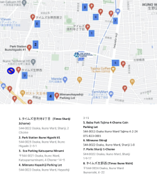 An image of a car access map for One World International School Osaka, showing available parking nearby to OWIS Osaka