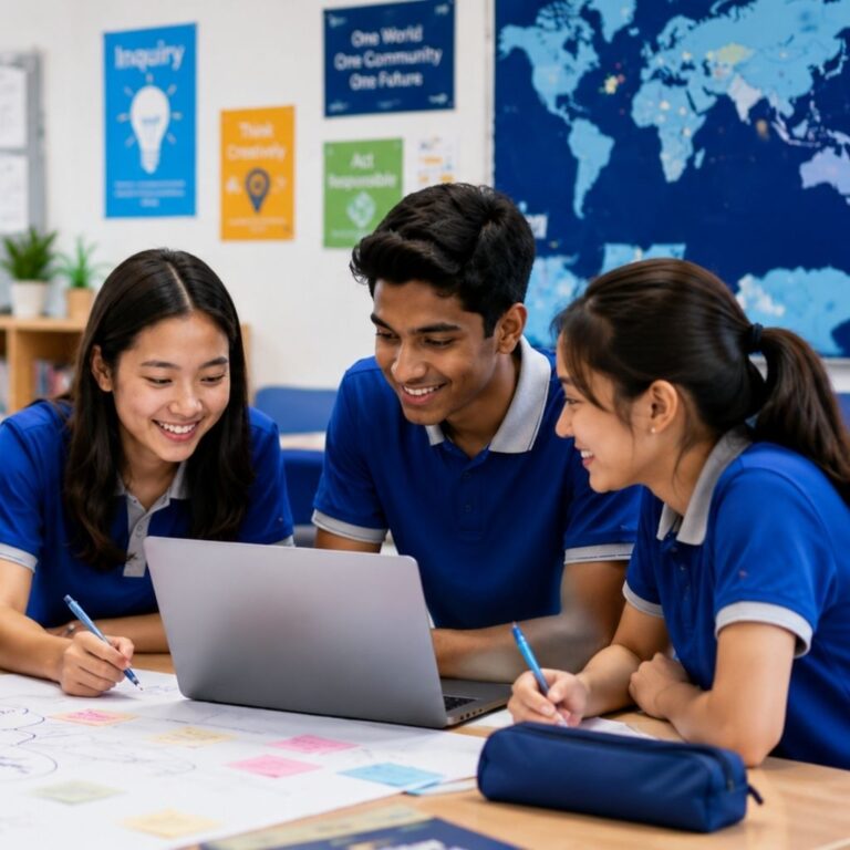 three students studying together and looking at a computer